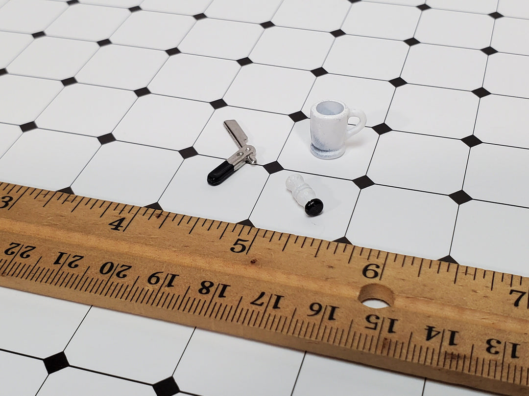 Dollhouse Shaving Set Straight Razor Mug Brush Painted Metal 1:12 Scale Miniature Accessories