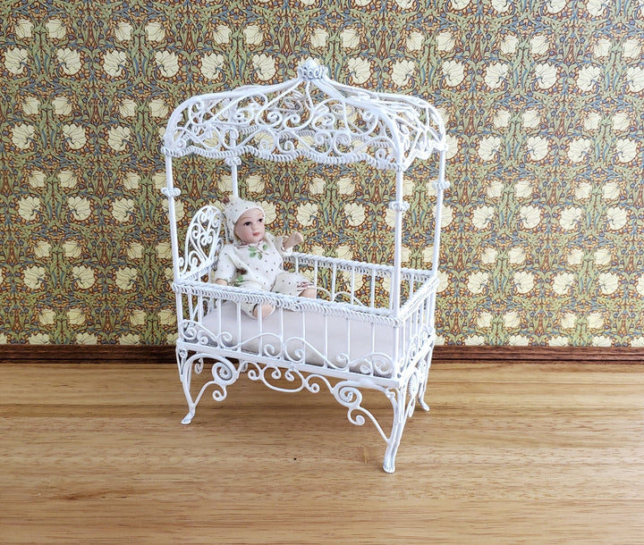 Dollhouse Miniature Canopy Crib White Wire 1:12 Scale Nursery Furniture