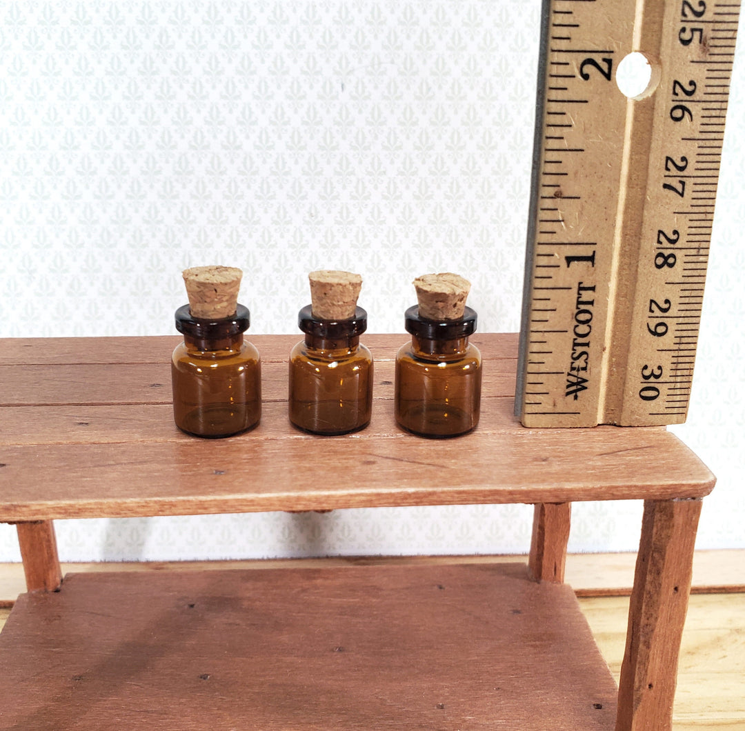 Miniature Amber Glass Jars Bottles Cork Stoppers x3 Apothecary Potions 11/16"