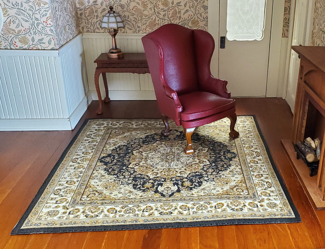 Dollhouse Fabric Rug Square Persian Style Black Gold 1:12 Scale Miniature Carpet