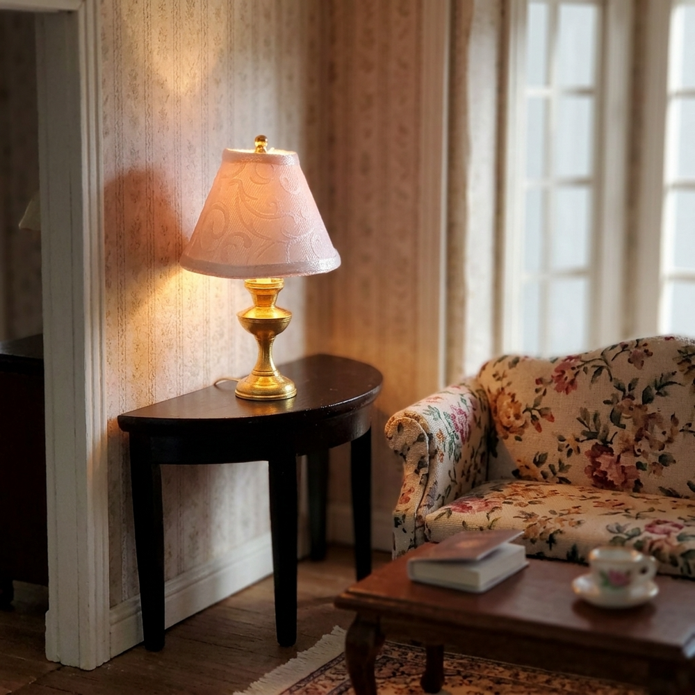 Dollhouse Table Lamp with White Embossed Shade Brass Base 12 Volt Wired 1:12 Scale