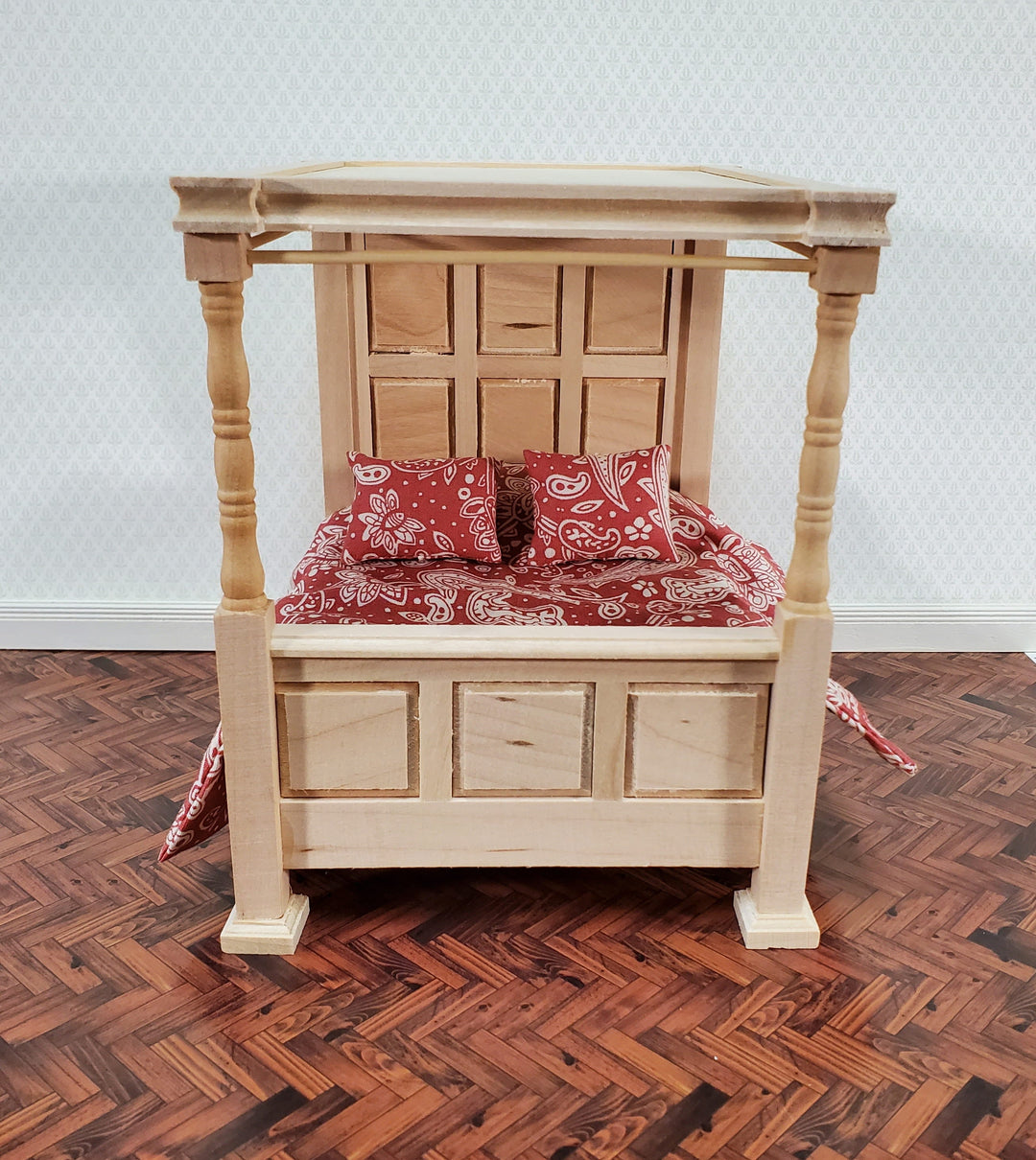 Dollhouse Bed 4 Poster Canopy Tudor Style Unpainted Wood 1:12 Scale Miniature Bedroom Furniture