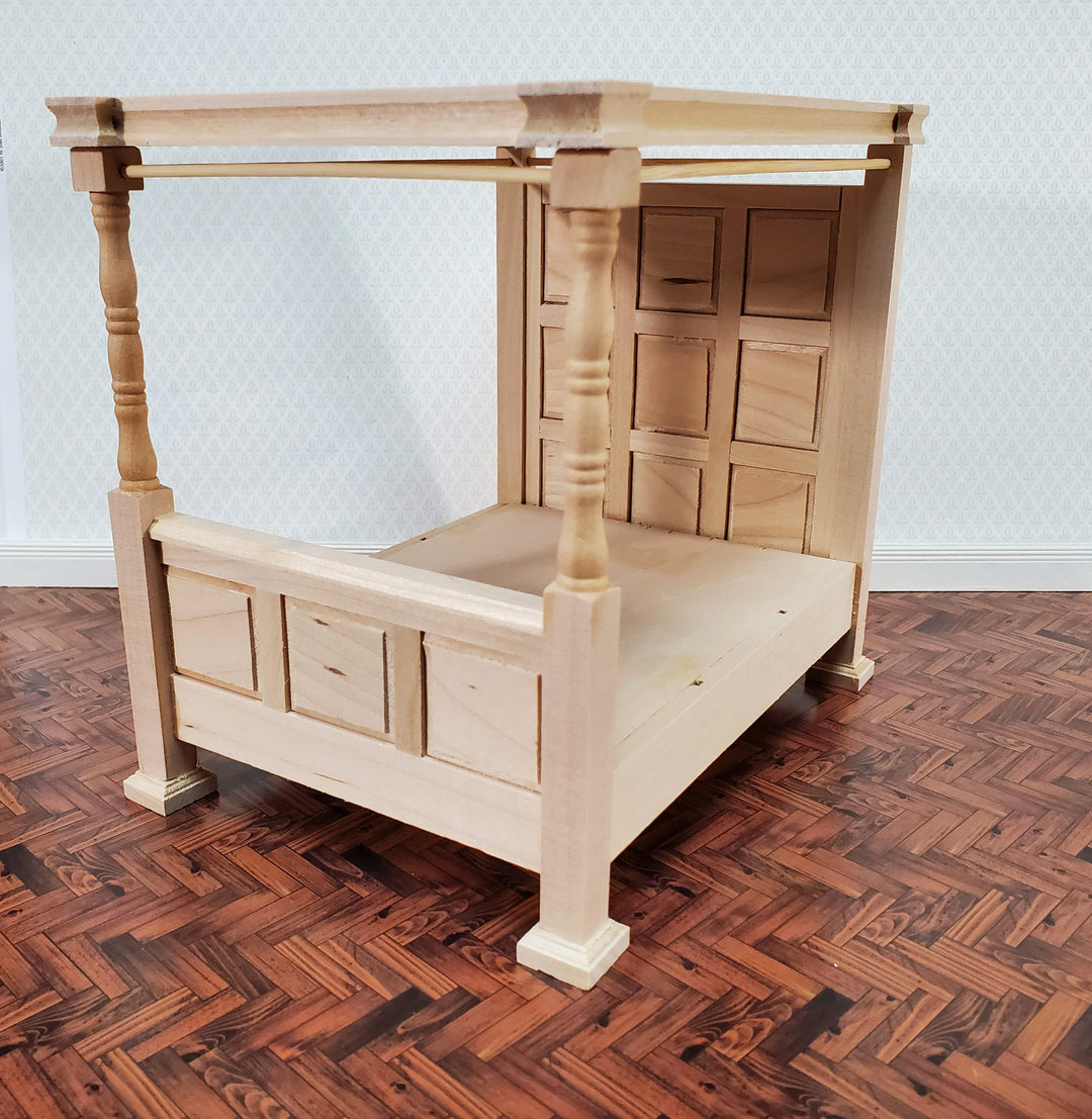 Dollhouse Bed 4 Poster Canopy Tudor Style Unpainted Wood 1:12 Scale Miniature Bedroom Furniture