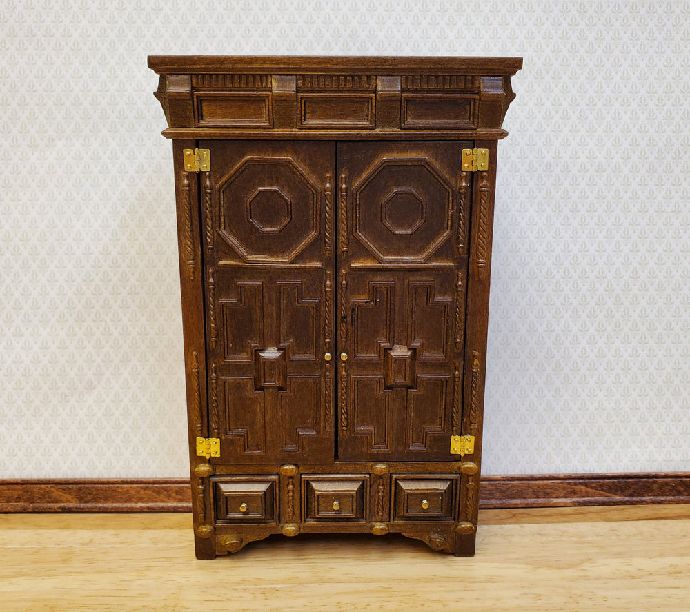 JBM Dollhouse Wardrobe Closet French Louis XIII Style Walnut Finish 1:12 Scale Miniature Furniture