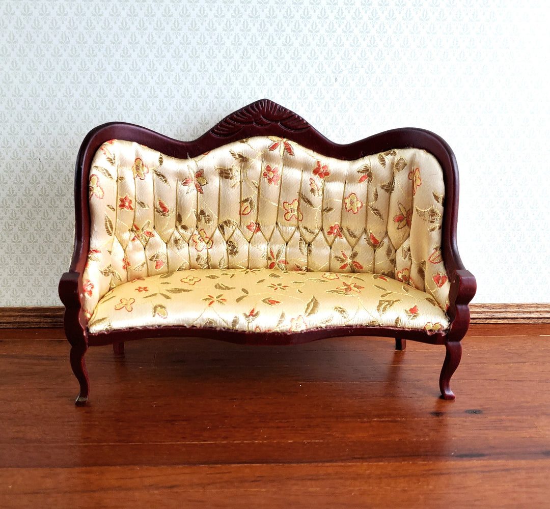 Dollhouse Sofa Couch Victorian Gold Floral Print 1:12 Miniature Mahogany Finish