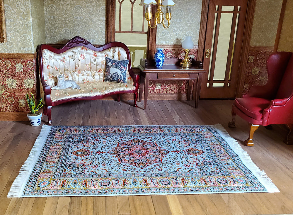 Dollhouse Rug Woven Fabric Large Red Gold White 1:12 Scale Miniature - MiniatureCrush