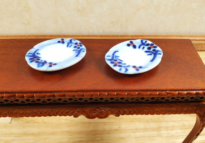 Dollhouse 2 Small White & Blue Ceramic Platters 1:12 Scale Miniature Dish