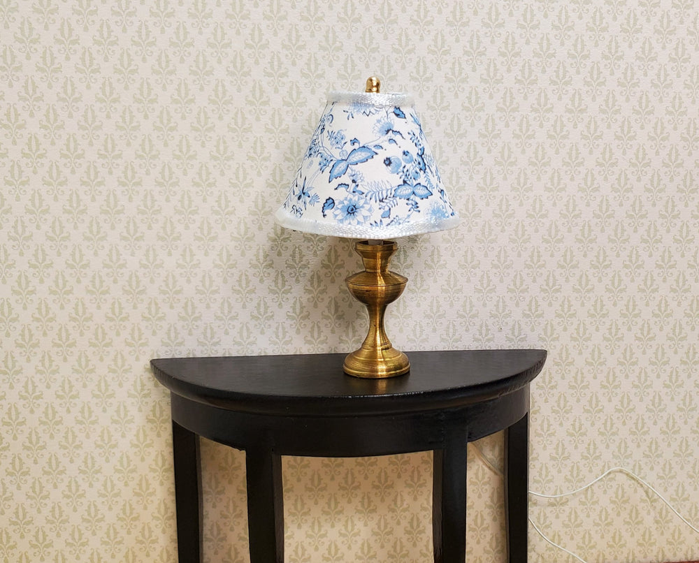 Dollhouse Table Lamp Blue Onion Design Brass Base 12 Volt Wired 1:12 Scale