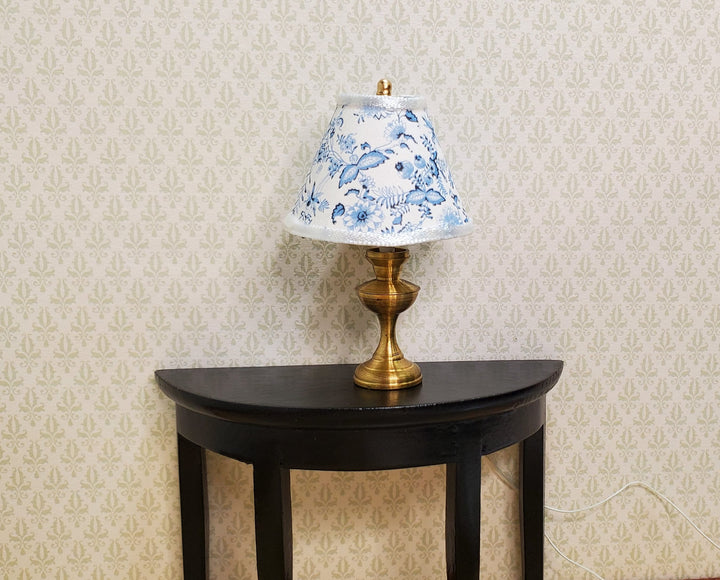 Dollhouse Table Lamp Blue Onion Design Brass Base 12 Volt Wired 1:12 Scale