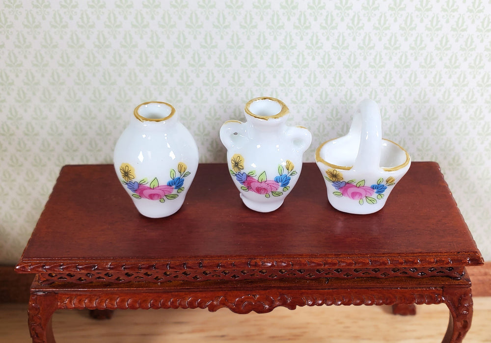 Dollhouse Vase Urn & Basket Ceramic White Pink Floral 3pc 1:12 Scale Miniatures