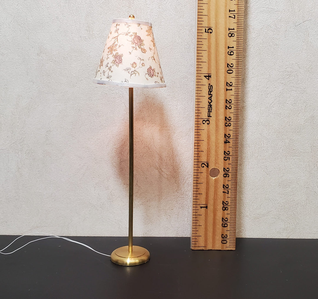 Dollhouse Brass Floor Lamp Rose Floral Shade 12 Volt Wired 1:12 Miniature
