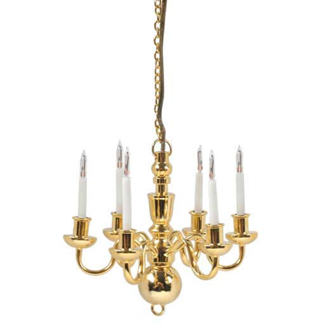 Dollhouse Brass Chandelier 6 Arm 12 Volt Electric 1:12 Scale Miniature