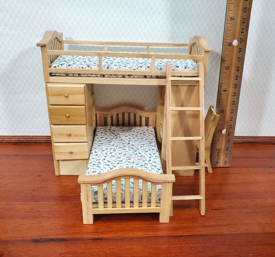 Dollhouse Bunk Beds Built in Shelves Desk with Ladder 1:12 Scale Miniature Furniture