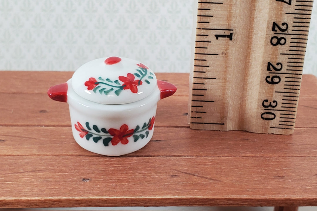 Dollhouse Stock Pot for Soup Ceramic with Lid Red & White 1:12 Scale Miniatures