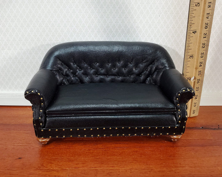 Dollhouse Sofa Black Tufted Faux Leather 1:12 Scale Miniature Furniture by JBM