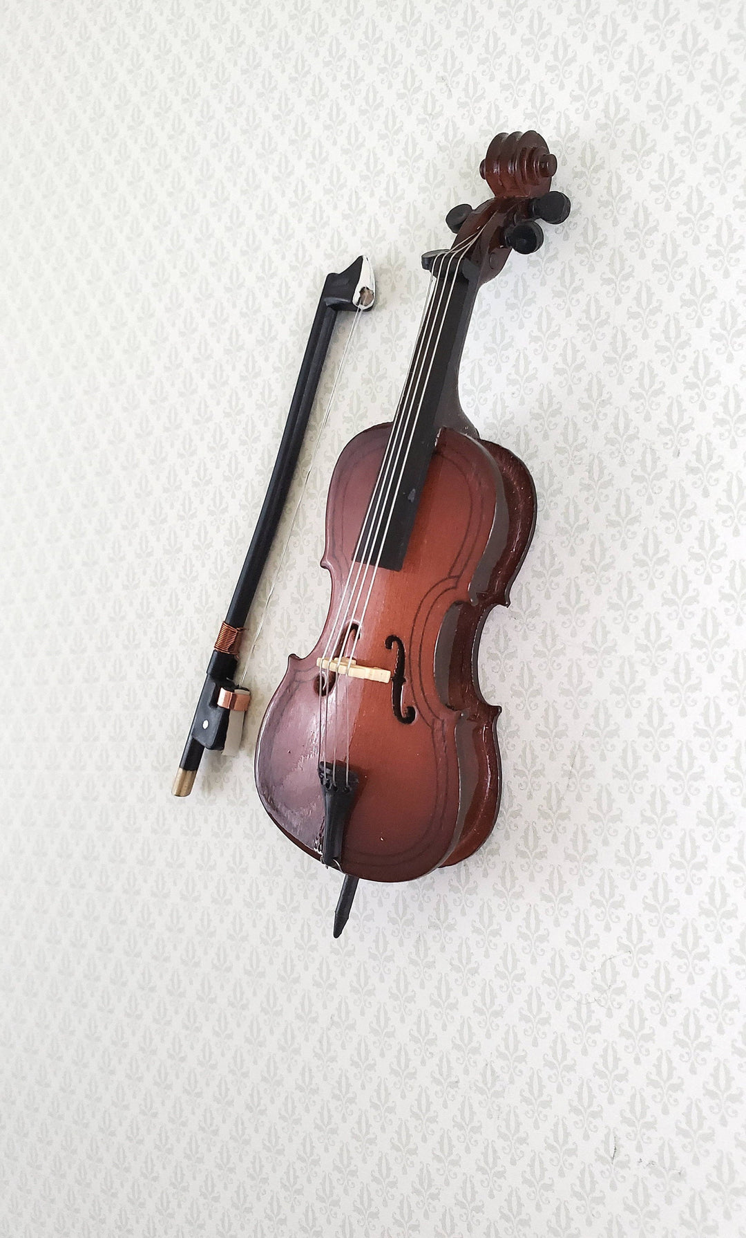Dollhouse Miniature Cello and Bow Wood 4 1/2" 1:12 Scale Instrument