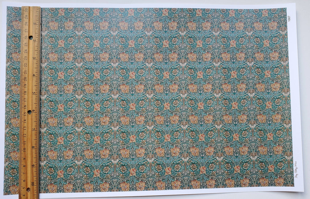 Dollhouse Wallpaper William Morris Art Nouveau Blue Teal Floral 1:12 Scale Itsy Bitsy