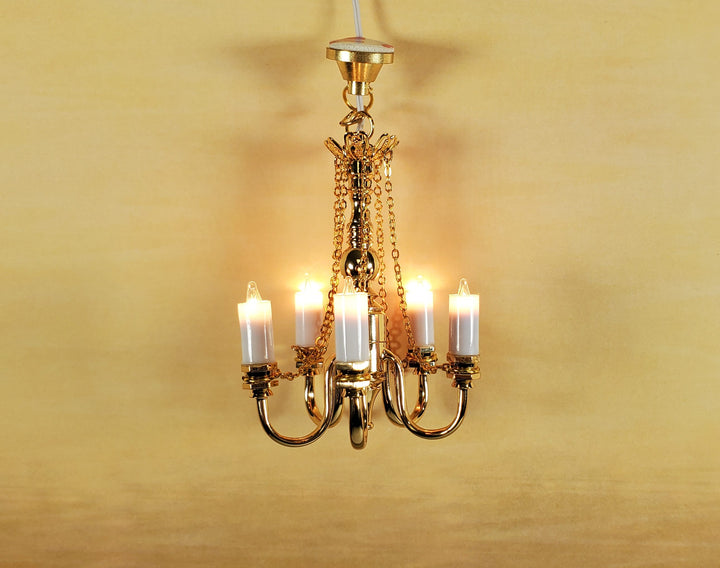 Dollhouse Candle Chandelier Gold 5 Arm 1:12 Scale Miniature 12 Volt with Plug