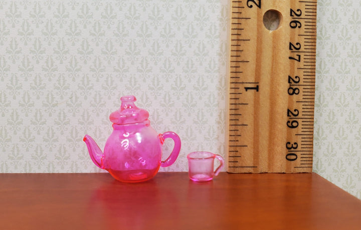 Dollhouse Bright Pink Glass Tea Set Teapot with 4 Teacups 1:12 Scale