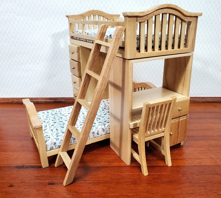 Dollhouse Bunk Beds Built in Shelves Desk with Ladder 1:12 Scale Miniature Furniture