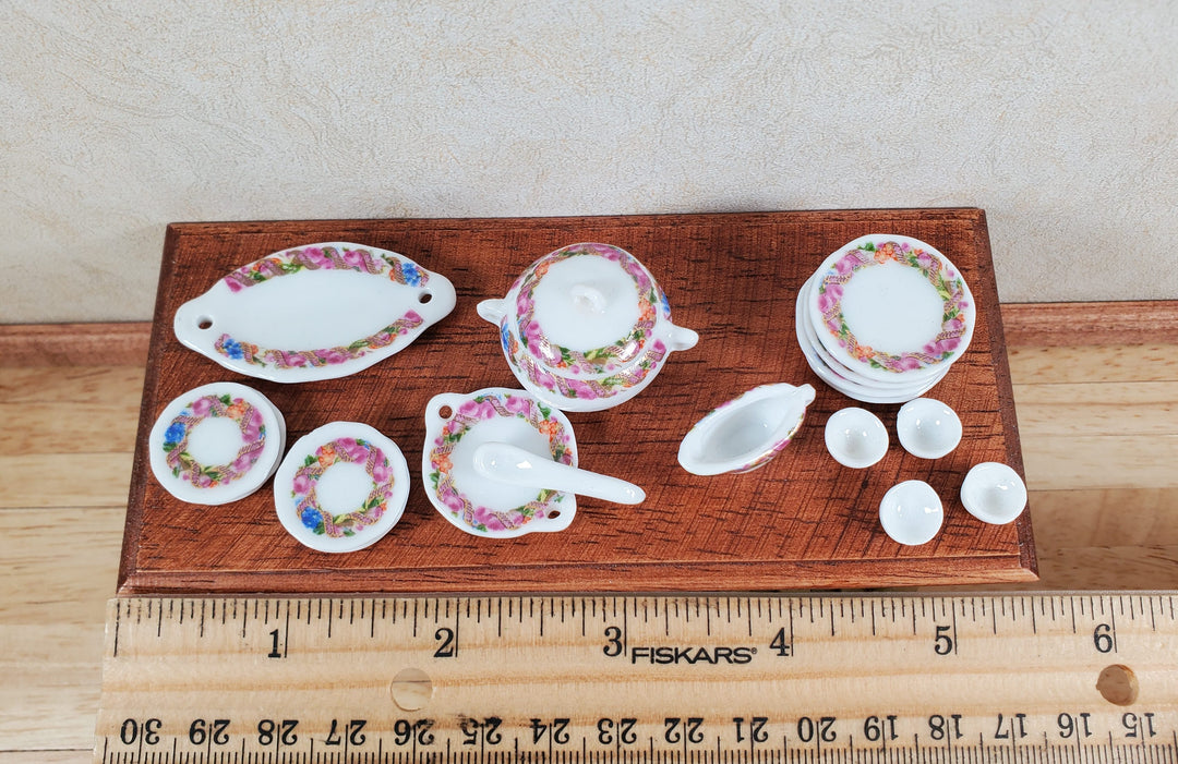 Dollhouse Dinner Set Plates Tureen Ceramic Floral Wreath 1:12 Scale Miniature