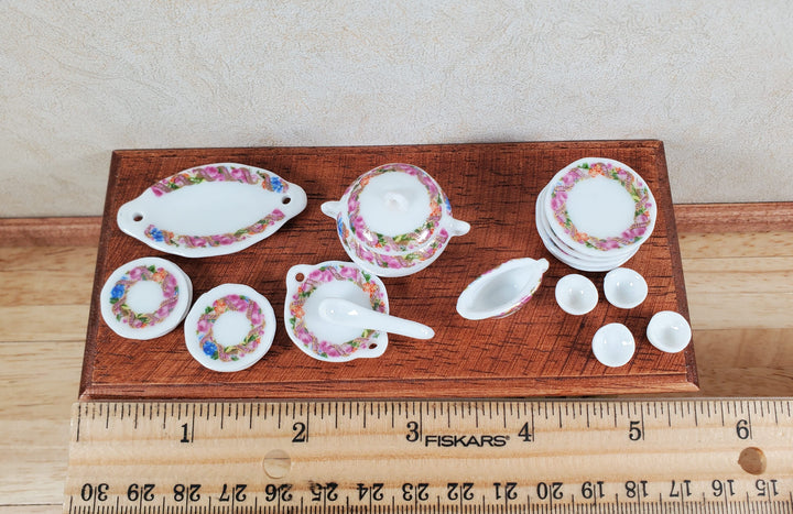 Dollhouse Dinner Set Plates Tureen Ceramic Floral Wreath 1:12 Scale Miniature