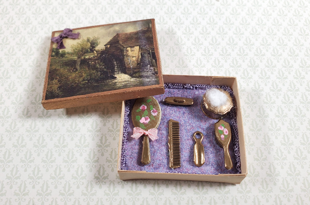 Dollhouse Boxed Vanity Set Comb Brush Power Puff Nail Buff 1:12 Scale Miniatures