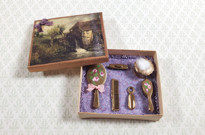 Dollhouse Boxed Vanity Set Comb Brush Power Puff Nail Buff 1:12 Scale Miniatures