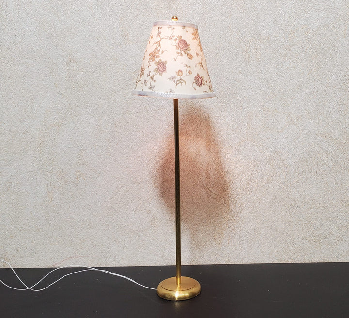 Dollhouse Brass Floor Lamp Rose Floral Shade 12 Volt Wired 1:12 Miniature