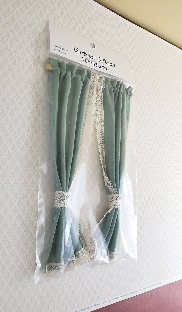 Dollhouse Miniature Curtains Green with Lace & Curtain Rod 1:12 Scale Handmade