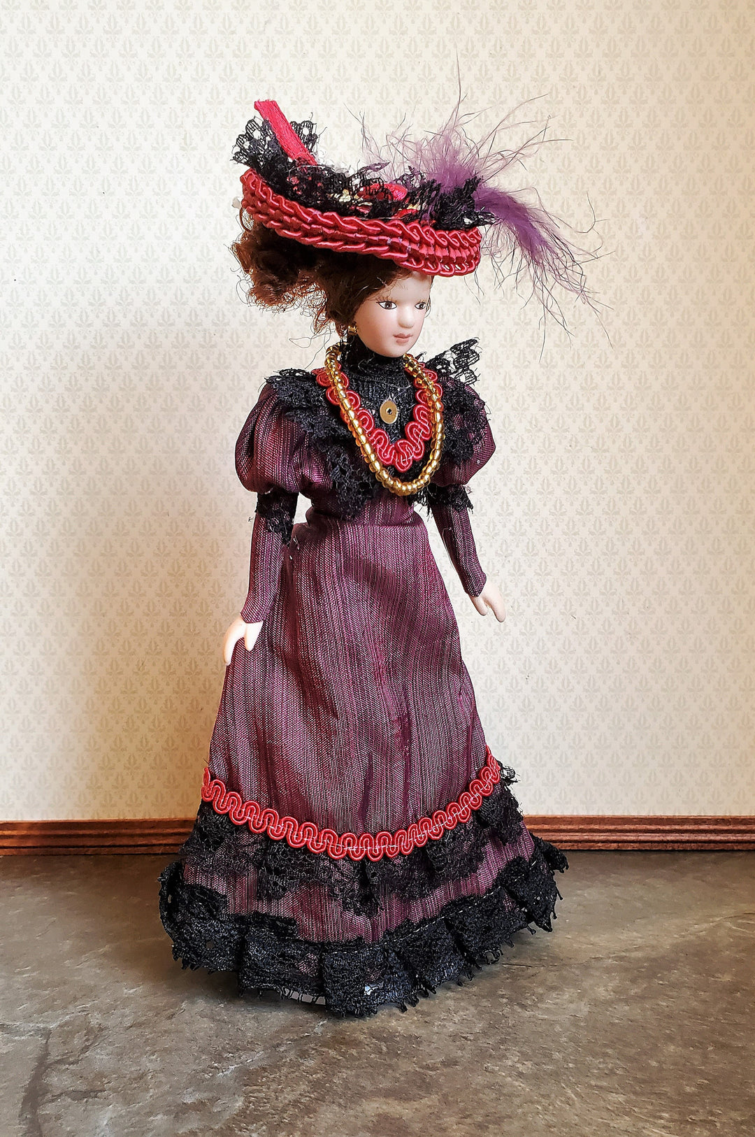 Dollhouse Victorian Doll Porcelain Fancy Maroon Dress and Hat 1:12 Scale Woman