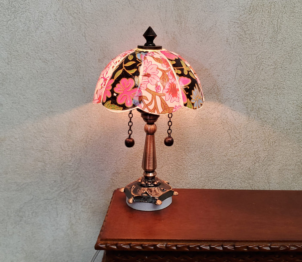 Dollhouse Table Lamp 12 volt w/ Plug Floral Shade Bronze Base 1:12 Scale