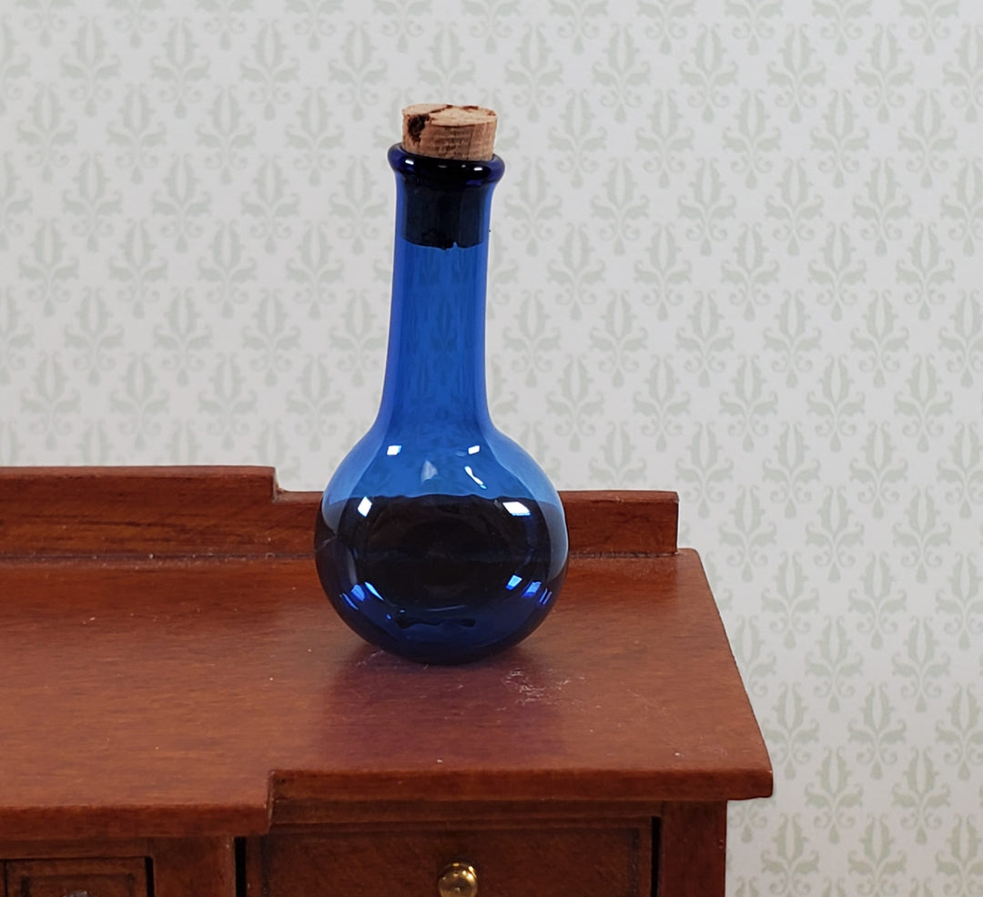 Miniature Glass Bottle Wine Decanter Cobalt Blue Corked Dollhouse Size 1 5/16"