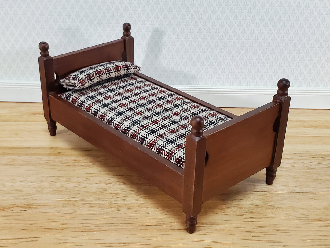 Dollhouse Small Bed Plaid Fabric Pillow Boys Room 1:12 Scale Miniature Furniture