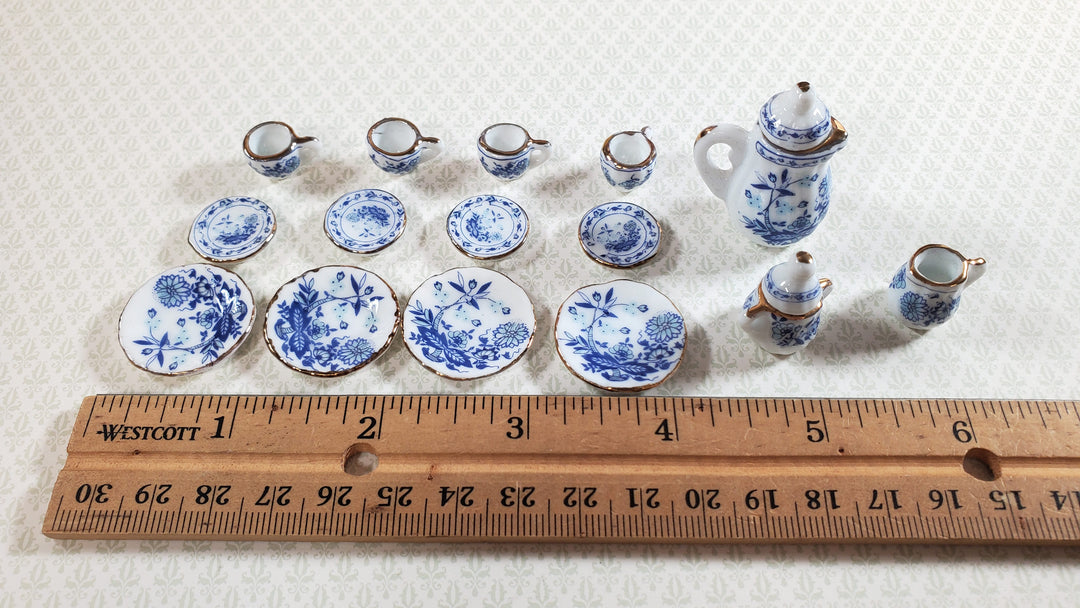 Dollhouse Coffee Set with Plates Blue White Floral Ceramic 1:12 Scale Miniature