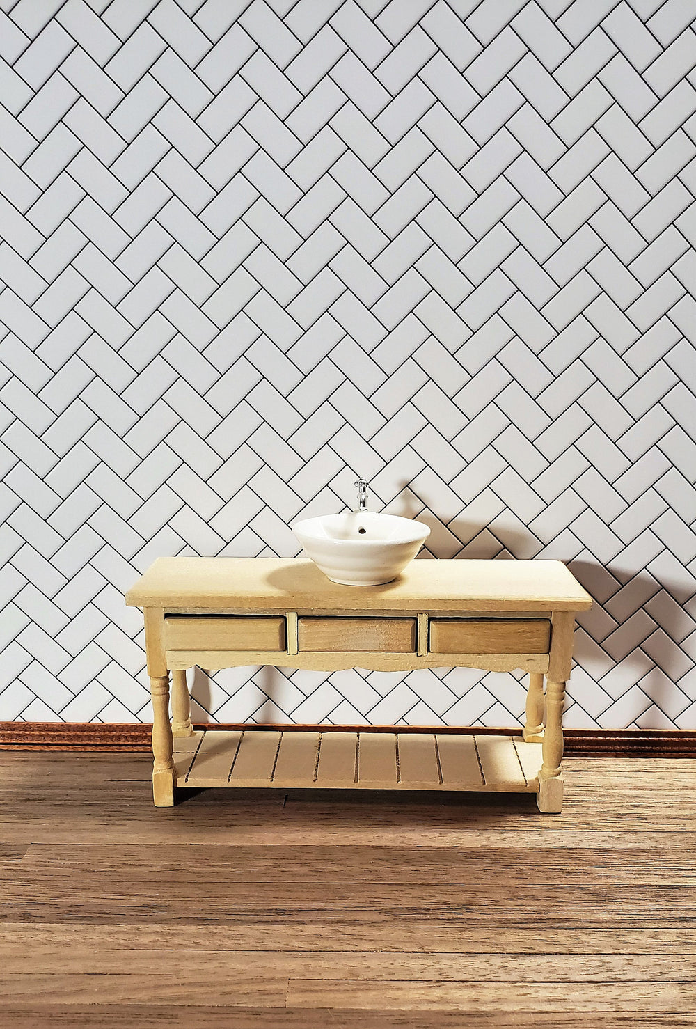 Dollhouse Subway Tile Herringbone White Embossed Glossy Card 1:12 Dark Grout