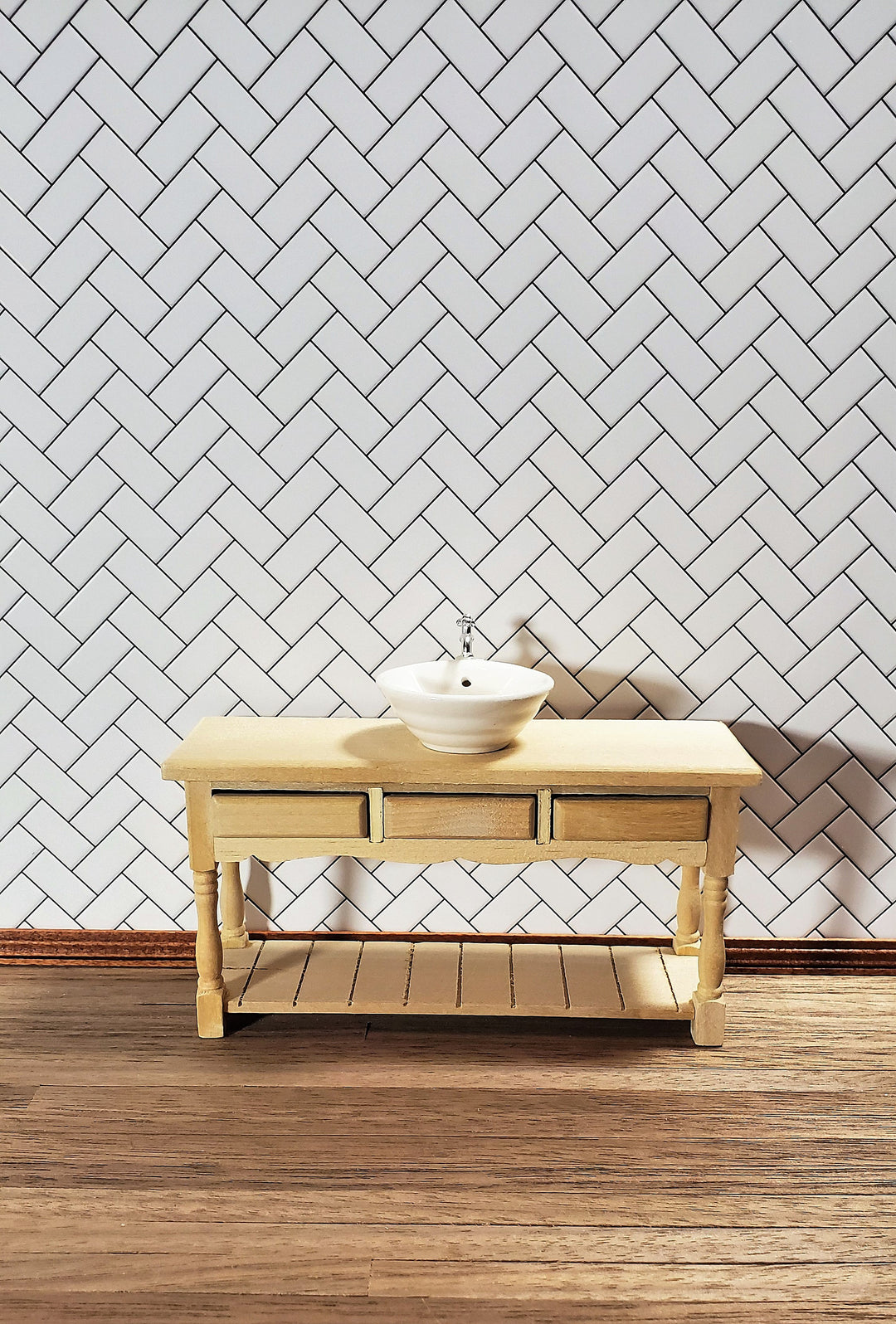 Dollhouse Subway Tile Herringbone White Embossed Glossy Card 1:12 Dark Grout