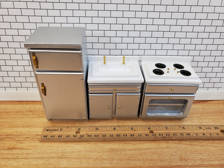 Dollhouse Kitchen Set Stove Refrigerator Sink Modern Silver 1:12 Scale Furniture