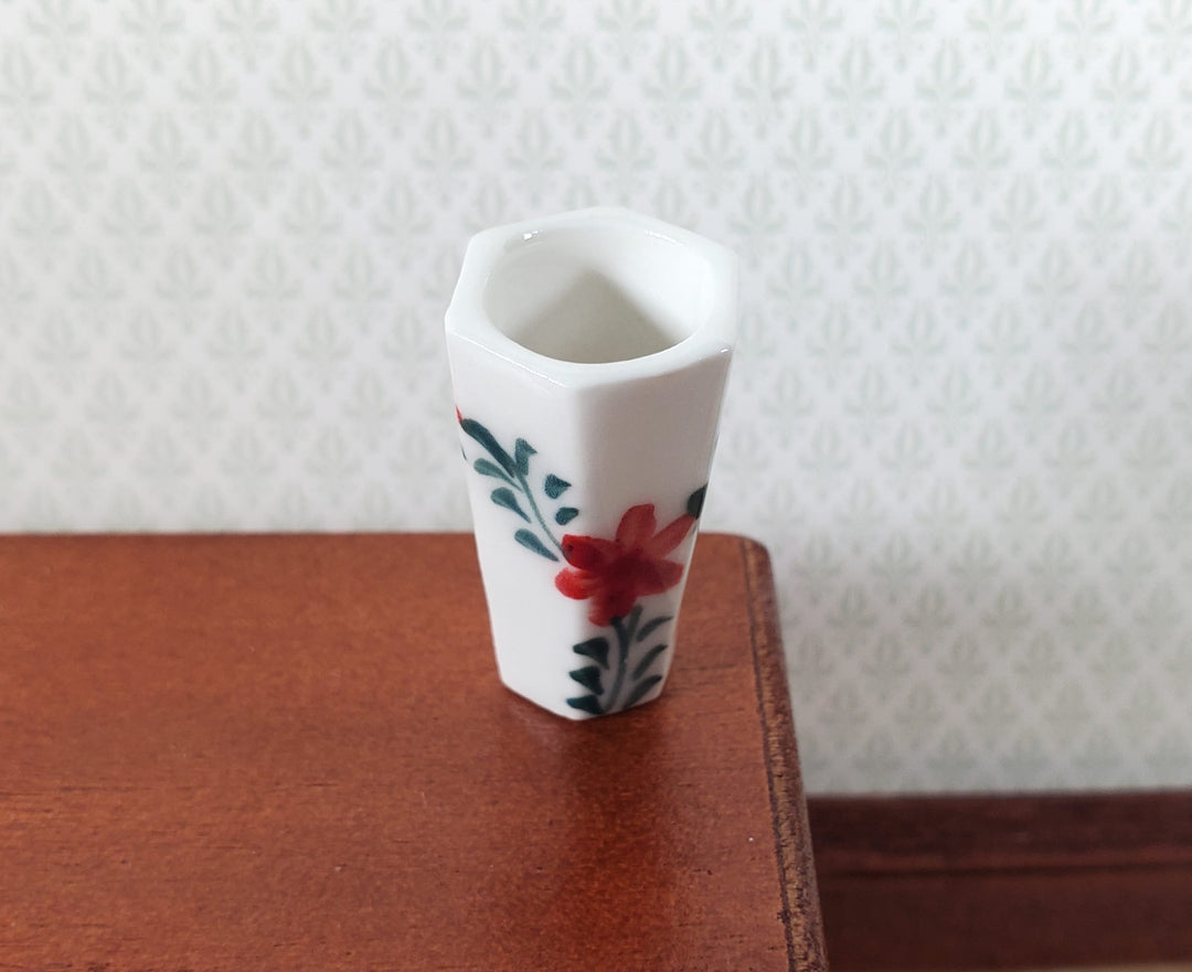 Dollhouse Large Vase White Ceramic Red Flower Design Use in 1:12 or 1/6 Scale