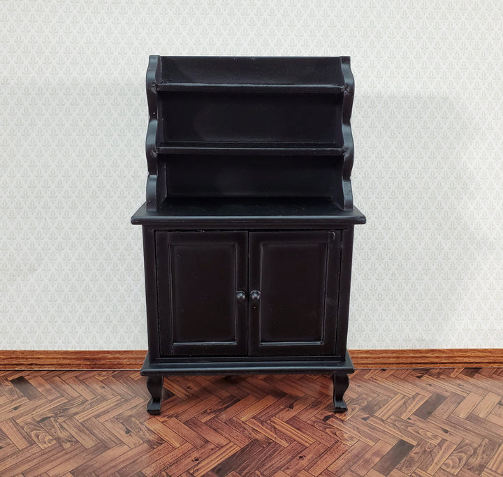 Dollhouse Tall Hutch Cabinet with Shelves Wood with a Black Finish 1:12 Scale Miniature Furniture