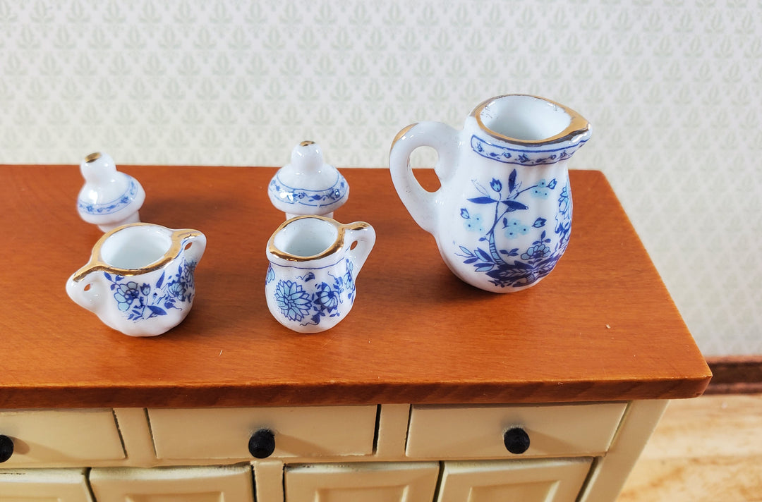 Dollhouse Coffee Set with Plates Blue White Floral Ceramic 1:12 Scale Miniature