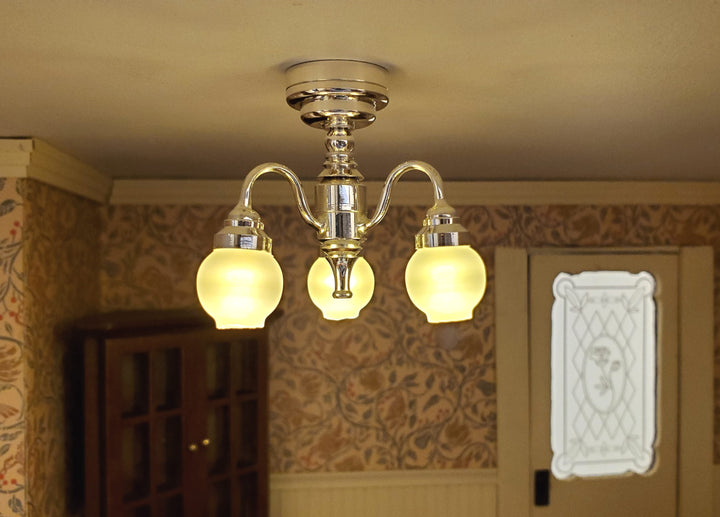 Dollhouse Chandelier Ceiling Wand Light Battery Operated 3 Arm Silver 1:12 Scale