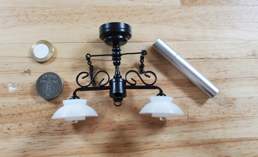 Dollhouse Ceiling Light Black with Chains & Wand 1:12 Miniature Battery Lamp
