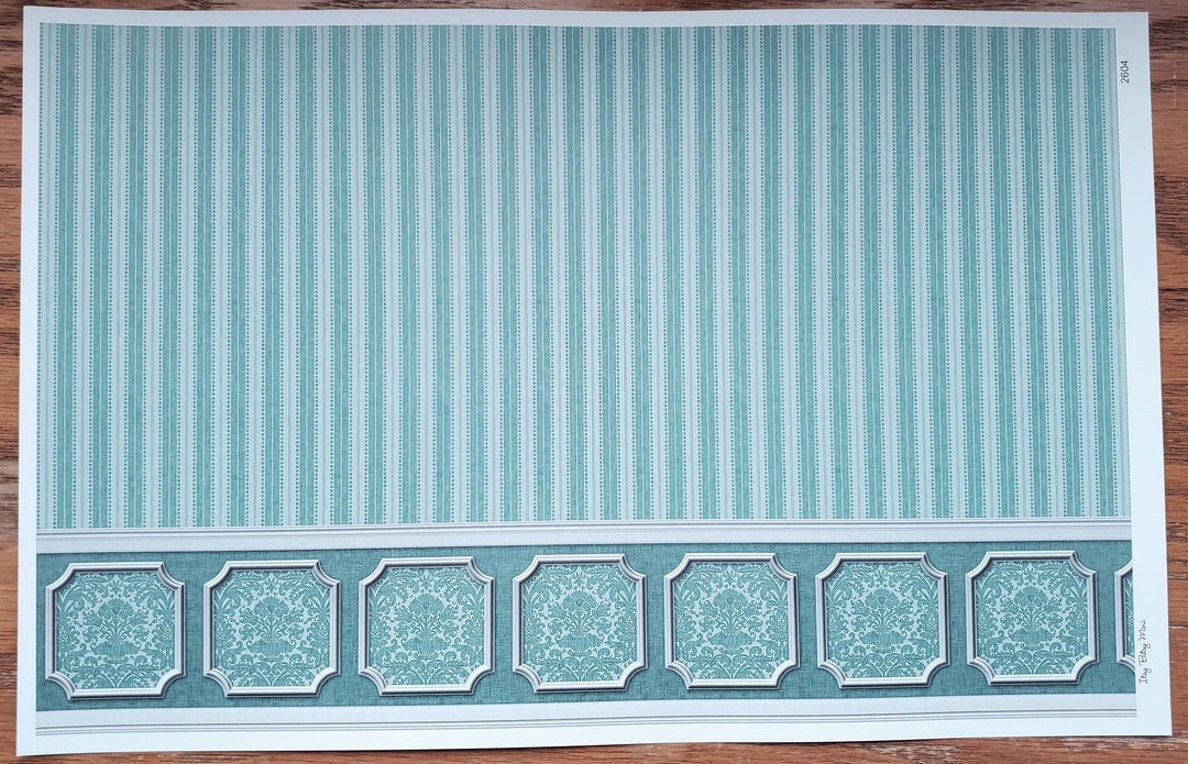 Dollhouse Wallpaper Blue Green Teal Striped Annabelle Wainscot 1:12 Scale Itsy Bitsy 2604