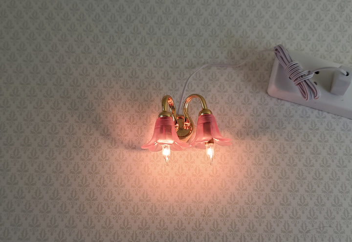 Dollhouse Miniature Sconce Double Flower Pink Shade 12 Volt w/ Plug 1:12 Scale