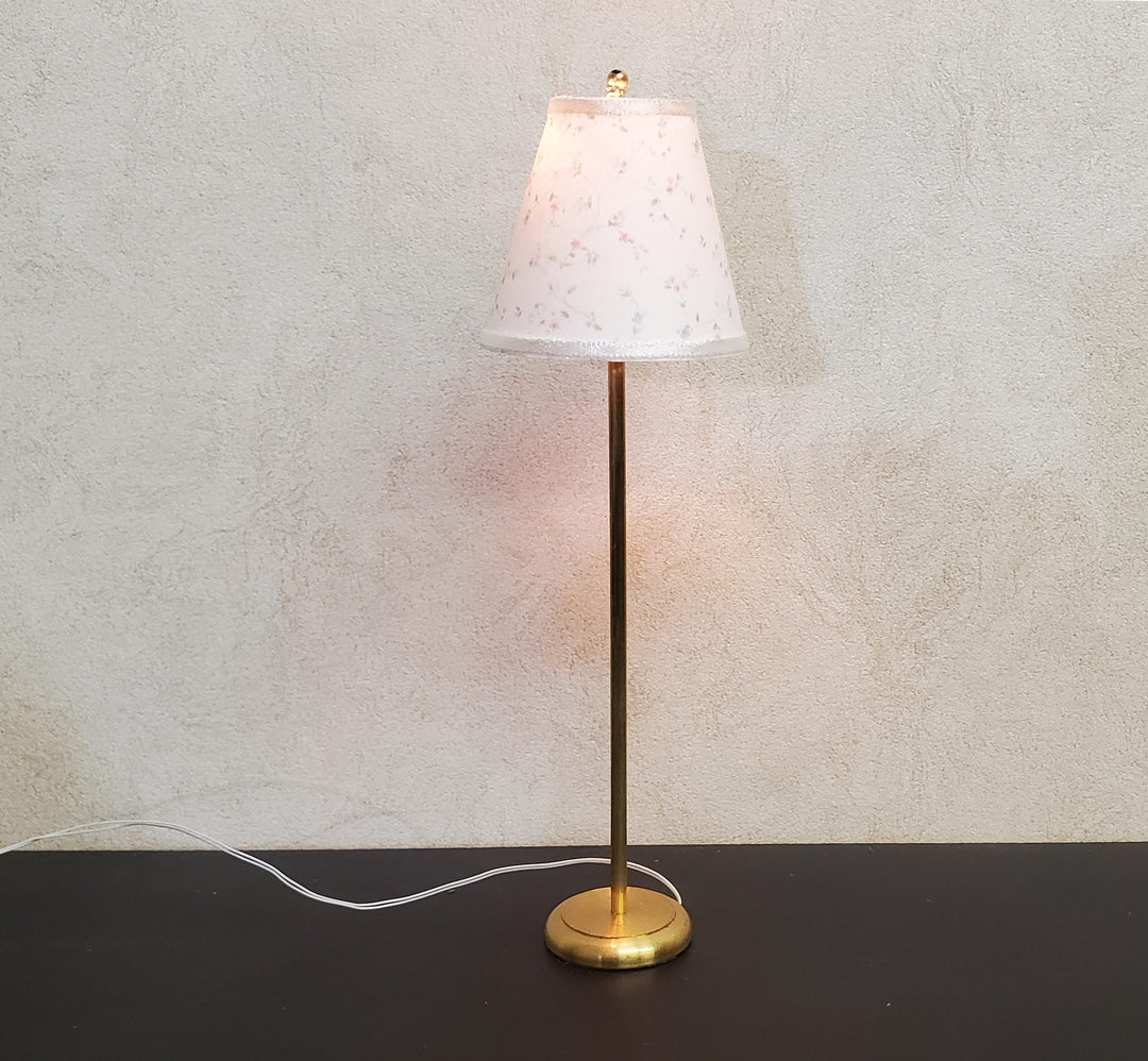 Dollhouse Brass Floor Lamp Delicate Floral Themed Shade 12 Volt Wired 1:12 Scale