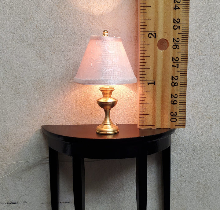 Dollhouse Table Lamp with White Embossed Shade Brass Base 12 Volt Wired 1:12 Scale