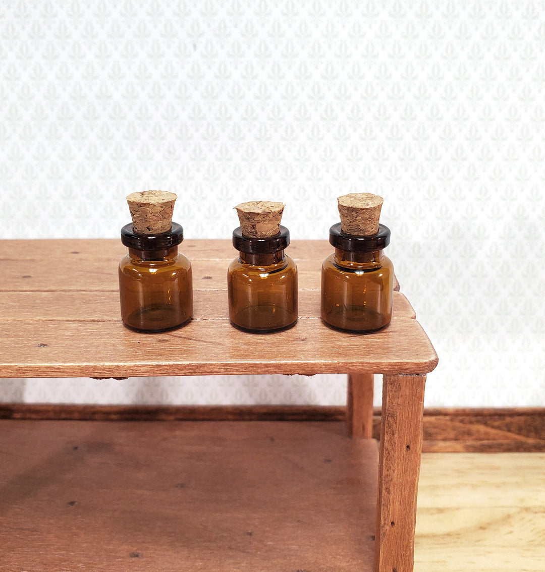 Miniature Amber Glass Jars Bottles Cork Stoppers x3 Apothecary Potions 11/16"