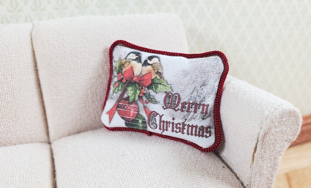 Dollhouse Christmas Pillow Chickadees & Holly Handmade 1:12 Scale Miniature