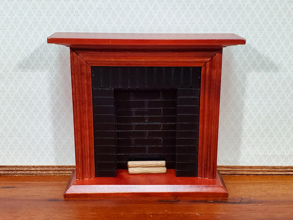 Dollhouse Fireplace with Black "Brick" Insert Mahogany Finish 1:12 Scale Miniature Furniture